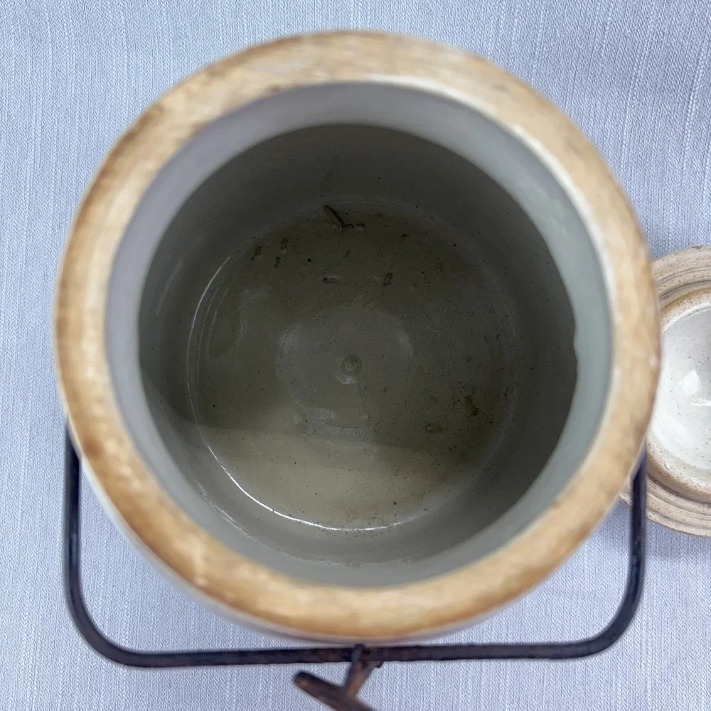 Vintage April Fool Stoneware Crock Jar with Lid & Wire Bail Handle Off-White
